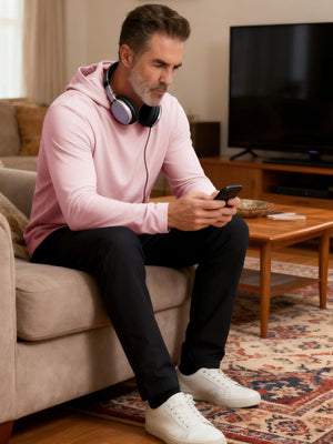 Indoor sofa scene with model wearing dry fit stretchy sweatshirts hoodies, cozy fit and light pink tone