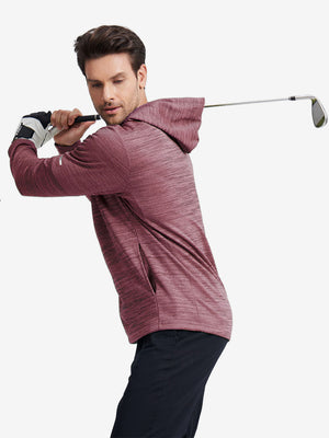 Half-body front shot highlighting red heather pullover’s cozy fleece texture and relaxed fit