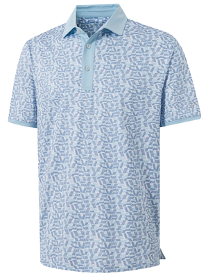 3d view of garment in lines geometric of stylish full print contrast collared golf polo shirts.