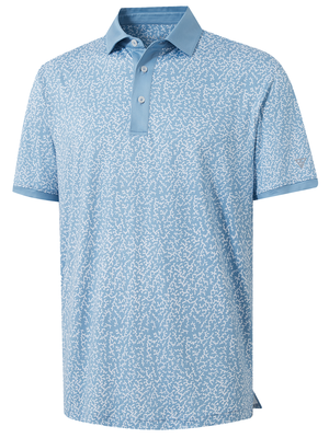 3d view of garment in white blue abstract of stylish full print contrast collared golf polo shirts.