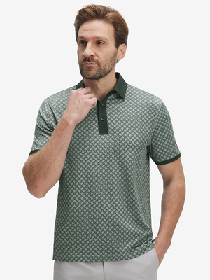 Front upper body shot of model wearing dark green leaves stylish full print contrast collared golf polo shirts