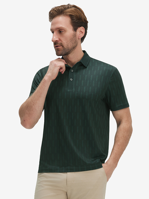 Front upper body shot of model wearing green palm leaves stylish full print contrast collared golf polo shirts 