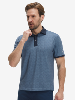 Front upper body shot of model wearing navy lines stylish full print contrast collared golf polo shirts
