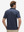 Back upper body shot of model wearing navy graffiti stylish full print contrast collared golf polo shirts