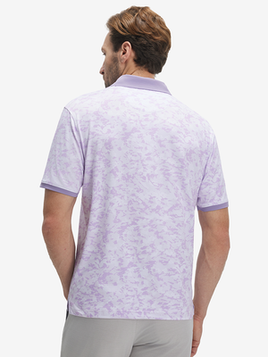 Back upper body shot of model wearing violet frost flowers stylish full print contrast collared golf polo shirts