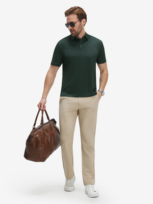 Front full body shot of model wearing green palm leaves stylish full print contrast collared golf polo shirts