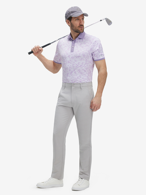 Front full body shot of model wearing violet frost flowers stylish full print contrast collared golf polo shirts