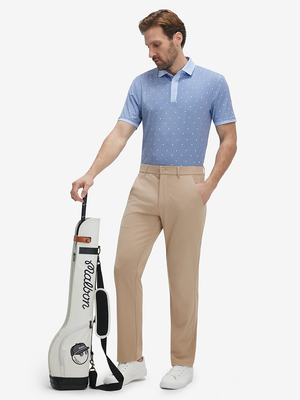 Front full body shot of model wearing light blue houndstooth stylish full print contrast collared golf polo shirts