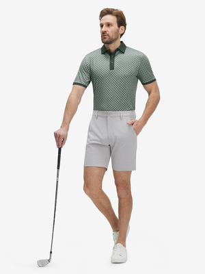 Front full body shot of model wearing dark green leaves stylish full print contrast collared golf polo shirts
