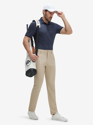 Front full body shot of model wearing navy graffiti stylish full print contrast collared golf polo shirts
