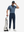Front full body shot of model wearing navy lines stylish full print contrast collared golf polo shirts