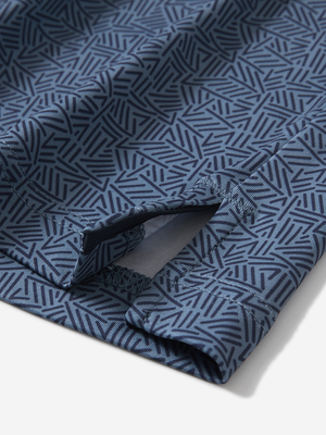 Detail view of hem on navy lines stylish full print contrast collared golf polo shirts