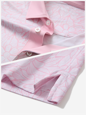 Detail: collar and hem slit of pink artichoke lightweight stretch upgraded print golf polo shirts