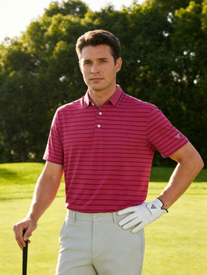 Model holding golf club on outdoor course wearing beetroot purple/charcoal htr non-curl ribbed collar striped polo shirts