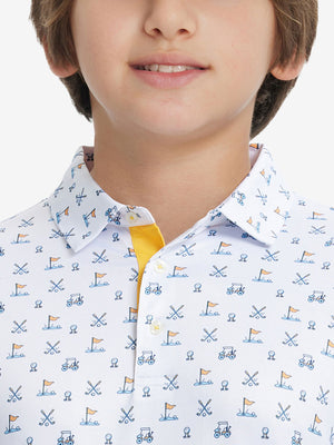 Front view of youth wearing white golf performance print boys golf polo, showing collar and chest fit